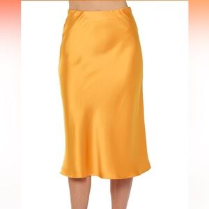 NWT Women Solid High Waist Silky Casual Elastic Satin Midi Skirt